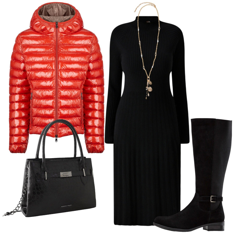 Outfit donna - Total look #2255410. Stile Glamour per Ufficio. Abbinamento con stivali, borse a mano, vestiti midi/longuette, blazer, ciondoli.