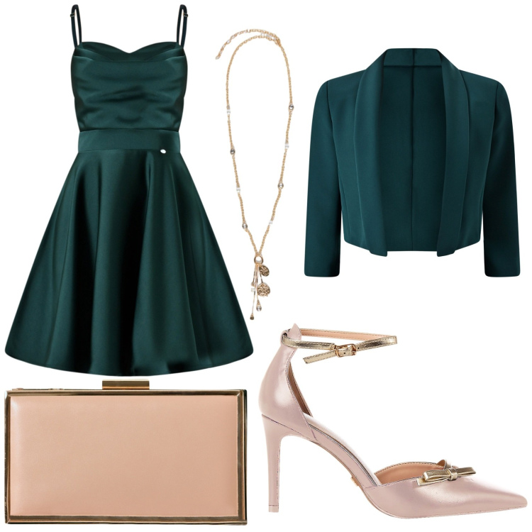 Outfit donna - Serata romantica. Stile Glamour per Serata fuori. Abbinamento con décolleté, pochette, bolero, vestiti corti, ciondoli.