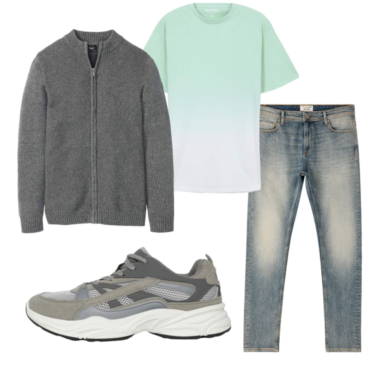 Outfit uomo - Total look #2255412. Stile Casual per Tutti i giorni. Abbinamento con cardigans, t-shirt, sneakers, jeans skinny.