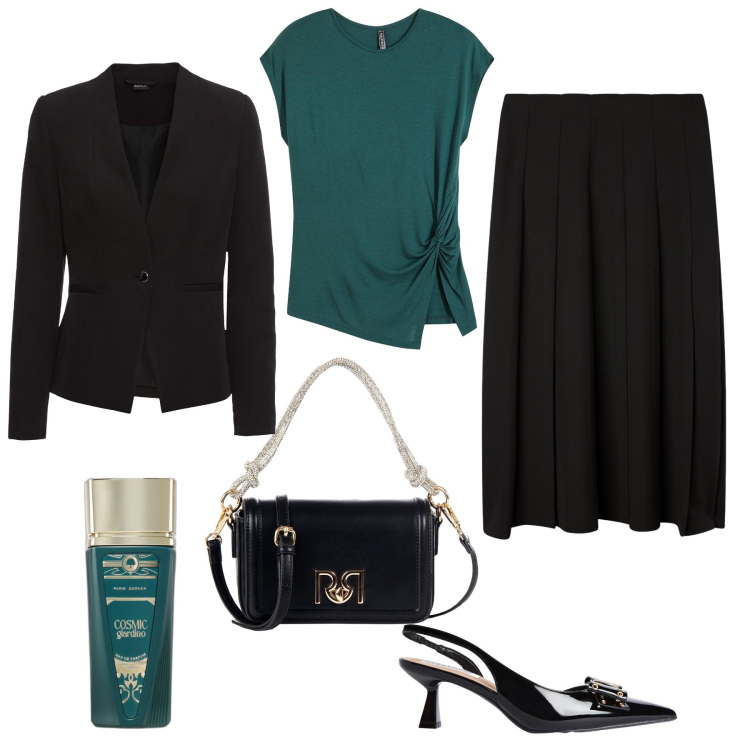 Outfit donna - Quasi total black a cena. Stile Chic per Serata fuori. Abbinamento con bluse, blazer, profumi, gonne lunghe, décolleté, borse a mano.