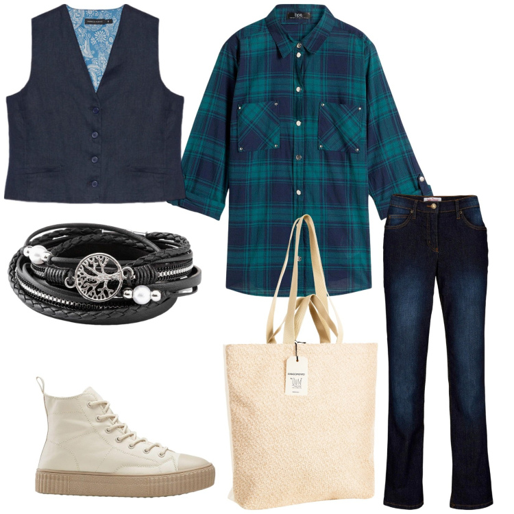 Outfit donna - Total look #2255414. Stile Casual per Tutti i giorni. Abbinamento con jeans dritti, braccialetti, camicie, sneakers alte, borse tote, gilet.