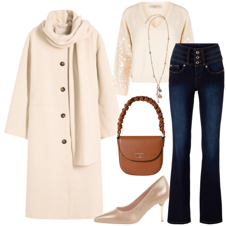 Outfit donna - Beige & love. Stile Sporty chic per Serata fuori. Abbinamento con jeans bootcut, cappotti, décolleté, borse a mano, maglieria, ciondoli.