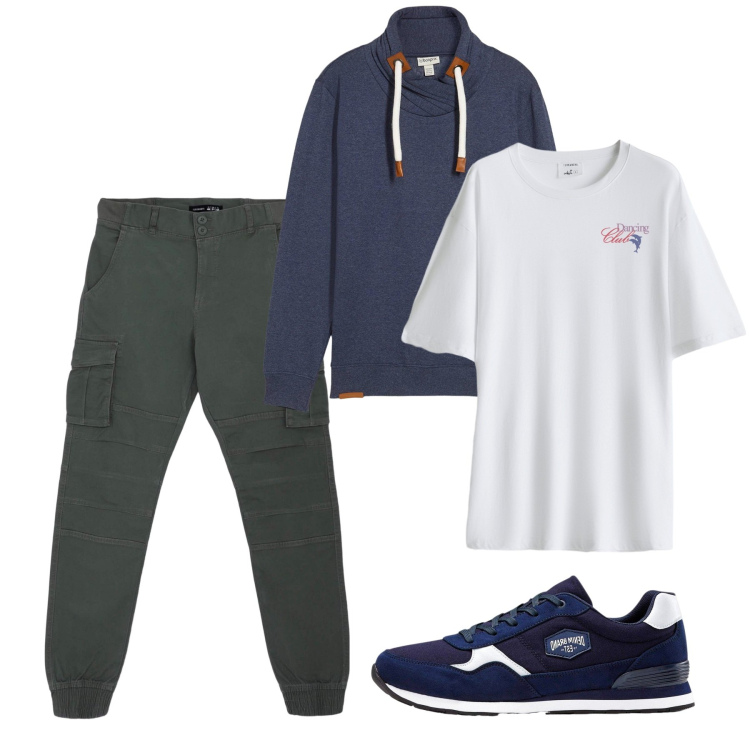 Outfit uomo - Al parco. Stile Urban per Sport. Abbinamento con sneakers, felpe, pantaloni cargo, t-shirt.