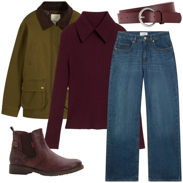 Outfit donna - Un caldo abbraccio autunnale. Stile Minimal per Tutti i giorni. Abbinamento con maglieria, stivaletti chelsea, parka, cinture, jeans.