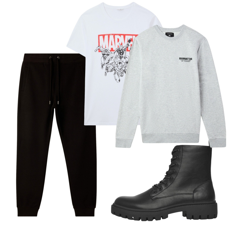 Outfit uomo - Urban Fall. Stile Urban per Tutti i giorni. Abbinamento con t-shirt, felpe, anfibi, pantaloni.