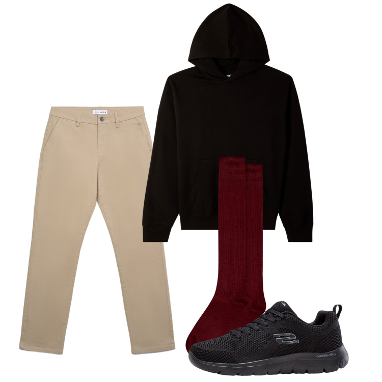 Outfit uomo - Autunno. Stile Casual per Tutti i giorni. Abbinamento con sneakers, pantaloni chino, felpe con cappuccio, calzini.