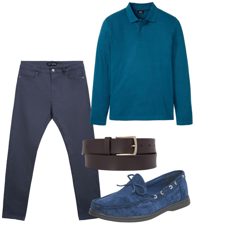 Outfit uomo - Settembre. Stile Casual per Tutti i giorni. Abbinamento con polo, pantaloni skinny, scarpe stringate, cinture.