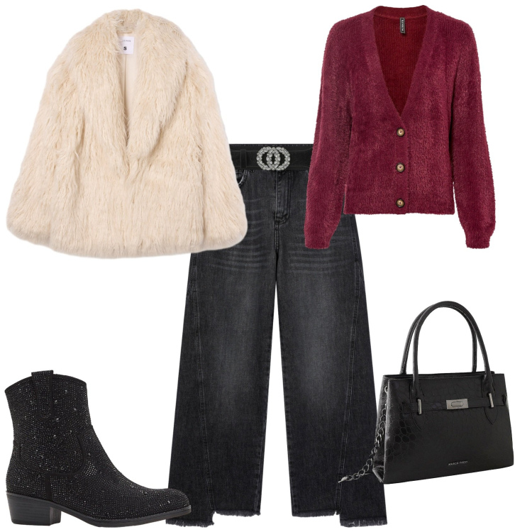 Outfit donna - Total look #2255435. Stile Glamour per Serata fuori. Abbinamento con borse a mano, cardigans, stivaletti texani, jeans, cinture, ecopellicce.