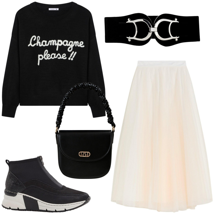 Outfit donna - Cin cin. Stile Casual chic per Tutti i giorni. Abbinamento con cinture, gonne lunghe, sneakers, maglieria, borse a mano.