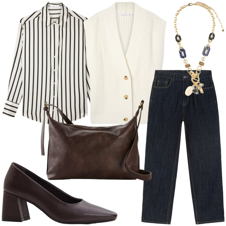 Outfit donna - Tacvo comodo. Stile Casual chic per Ufficio. Abbinamento con décolleté, borse a tracolla, camicie, gilet, jeans dritti, collane.
