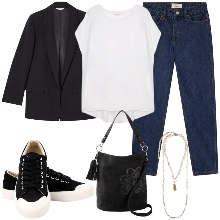 Outfit donna - Bag and blazer. Stile Casual per Tutti i giorni. Abbinamento con borse a mano, jeans mom, blazer, sneakers, bluse, collane.