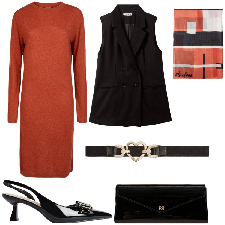 Outfit donna - Rossonero nel cuore. Stile Chic per Cerimonia. Abbinamento con gilet, cinture, décolleté, pochette, vestiti midi/longuette, sciarpe.
