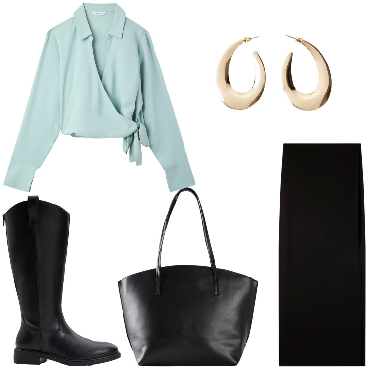 Outfit donna - Ufficio. Stile Casual chic per Ufficio. Abbinamento con shopping bag, orecchini, stivali, camicie, gonne lunghe.