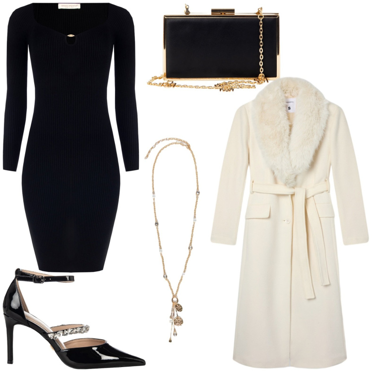 Outfit donna - Cena. Stile Chic per Serata fuori. Abbinamento con cappotti, vestiti a tubino, décolleté, pochette, ciondoli.