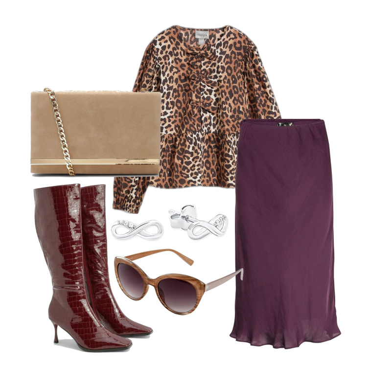 Outfit femme - Septembre. Style Glamour pour Tous les jours. Assortir avec jupes, lunettes de soleil, tuniques, bottes, pochette, boucles d'oreilles.