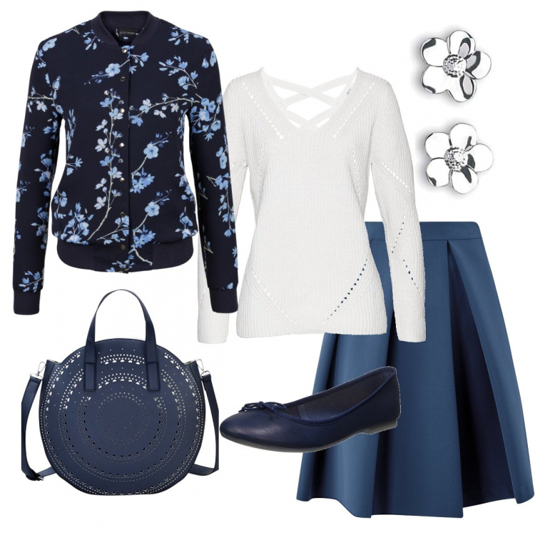 Outfit donna - Pranzo della domenica. Stile Bon Ton per Tutti i giorni. look ideale per Tall. Abbinamento con bomber, pullover in materiale riciclato, borsa a tracolla blu, gonna forma svasata con pieghe blu, ballerine blu, orecchini fantasia floreale argento.