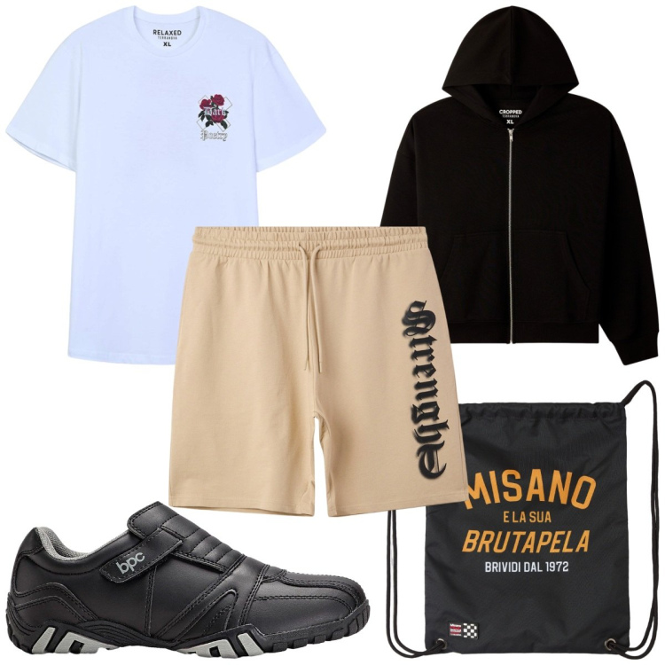 Outfit uomo - Total look #2255482. Stile Trendy per Sport. Abbinamento con scarpe sportive, borse sportive, felpe con cappuccio, t-shirt, bermuda.