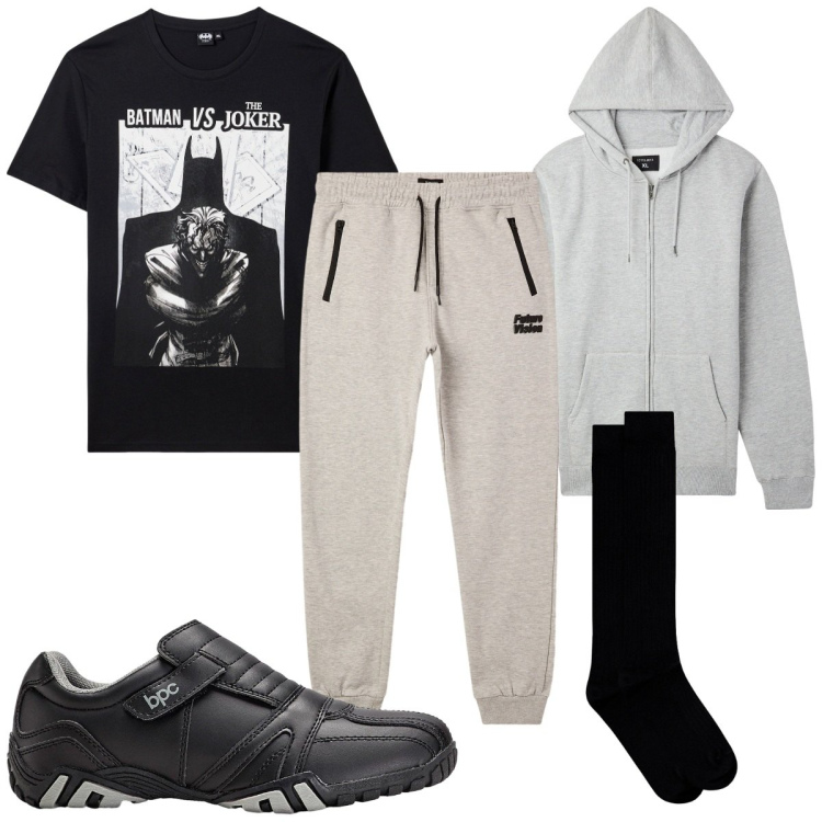 Outfit uomo - Total look #2255483. Stile Trendy per Sport. Abbinamento con scarpe sportive, t-shirt, felpe con cappuccio, pantaloni, calzini.