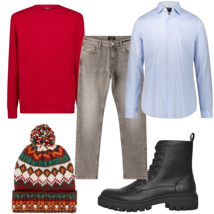 Outfit uomo - Total look #2255484. Stile Trendy per Tutti i giorni. Abbinamento con anfibi, jeans, maglieria, camicie, berretti.