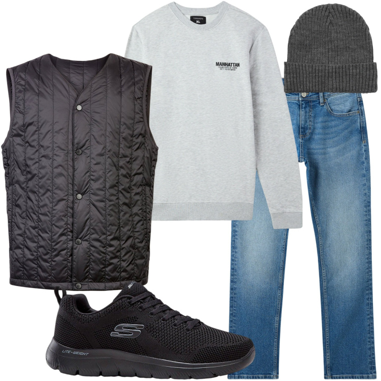 Outfit uomo - In città. Stile Urban per Tutti i giorni. Abbinamento con sneakers, jeans, felpe, berretti, piumini.