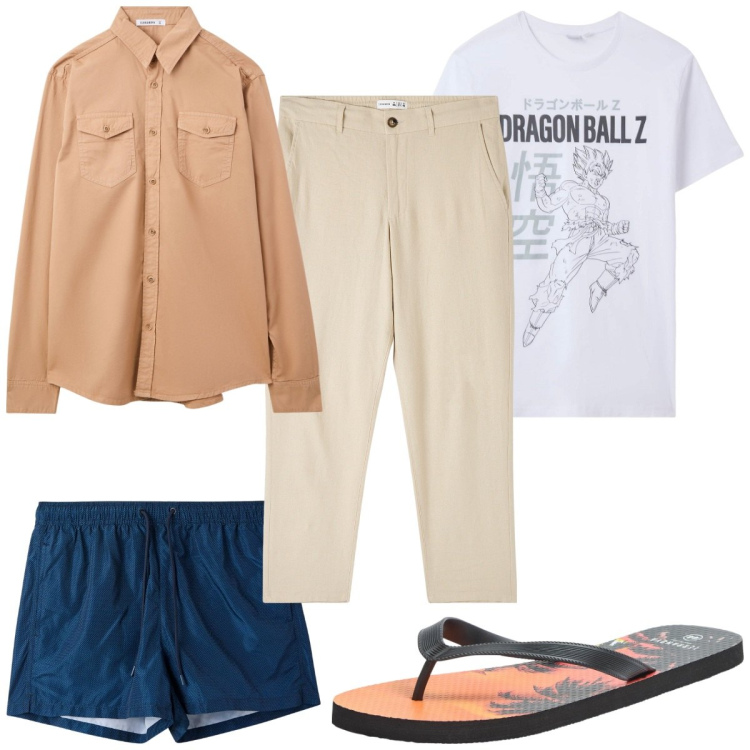 Outfit uomo - Total look #2255491. Stile Trendy per Mare. Abbinamento con t-shirt, camicie, costumi, pantaloni, sandali.