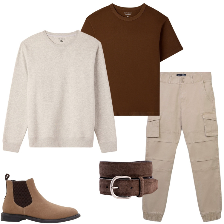 Outfit uomo - Con amici. Stile Casual per Tutti i giorni. Abbinamento con stivali e stivaletti, t-shirt, pantaloni cargo, felpe, cinture.