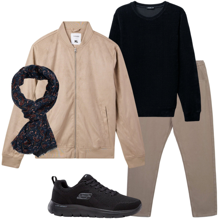 Outfit uomo - In città. Stile Casual per Tutti i giorni. Abbinamento con sneakers, bomber, pantaloni, maglieria, sciarpe.