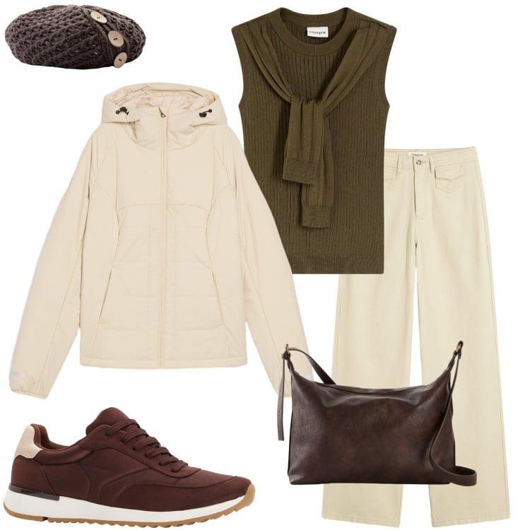 Outfit donna - Neutral by nature. Stile Casual chic per Tutti i giorni. Abbinamento con sneakers, giacche, borse a tracolla, pantaloni, berretti, maglieria.