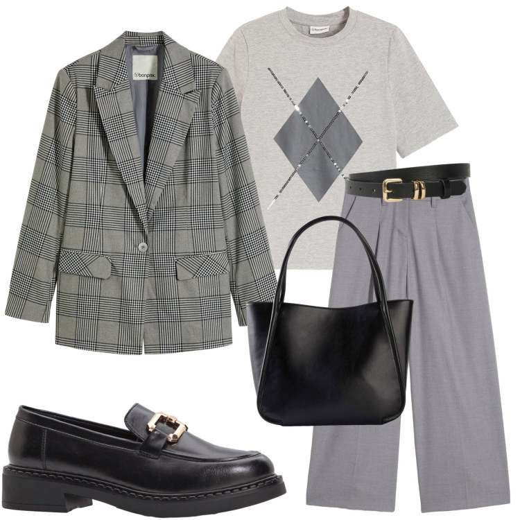 Outfit donna - Neutral by nature. Stile Casual chic per Serata fuori. Abbinamento con t-shirt, blazer, shopping bag, mocassini, cinture, pantaloni.