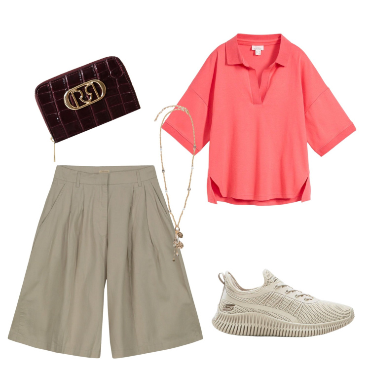 Outfit donna - Ancora un po’ d estate. Stile Basic per Tutti i giorni. Abbinamento con sneakers, polo, portafogli, bermuda, ciondoli.
