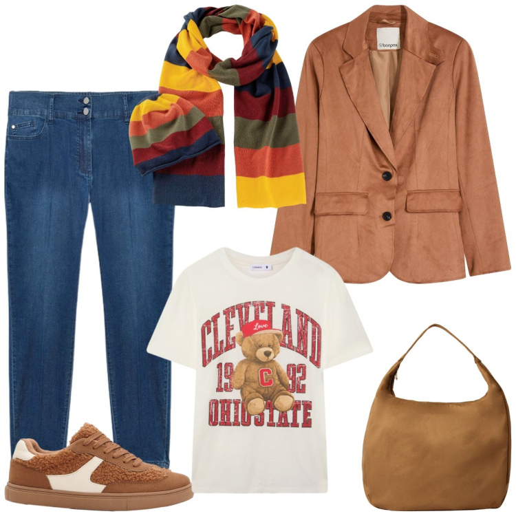 Outfit donna - Icolori caldi dell\'autunno. Stile Casual per Scuola/Università. Abbinamento con blazer, sciarpe, sneakers, t-shirt, borse a mano, jeans skinny.