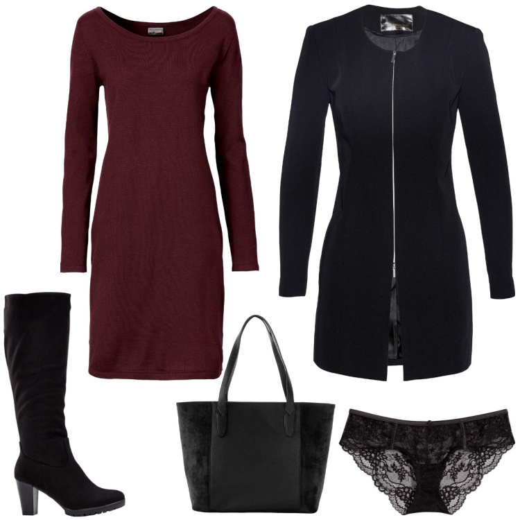 Outfit donna - Al lavoro. Stile Casual chic per Ufficio. Abbinamento con blazer, vestiti lunghi, stivali, shopping bag, culotte.
