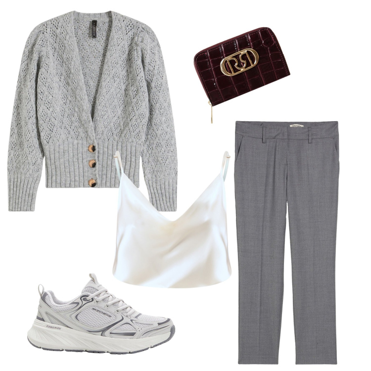 Outfit donna - Di grigio mi vesto ma non mi pento. Stile Casual chic per Ufficio. Abbinamento con cardigans, pantaloni, sneakers, canottiere, portafogli.
