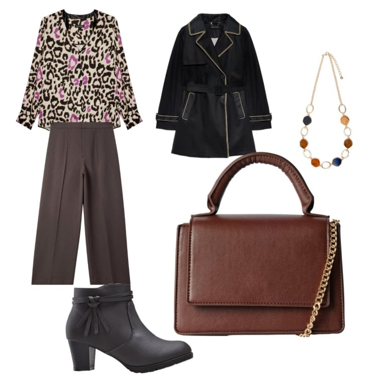 Outfit donna - Look sofisticato per ufficio e occasioni. Stile Glamour per Ufficio. look ideale per Petite. Abbinamento con stivaletti, borse a tracolla, pantaloni, collane, camicie, trench.