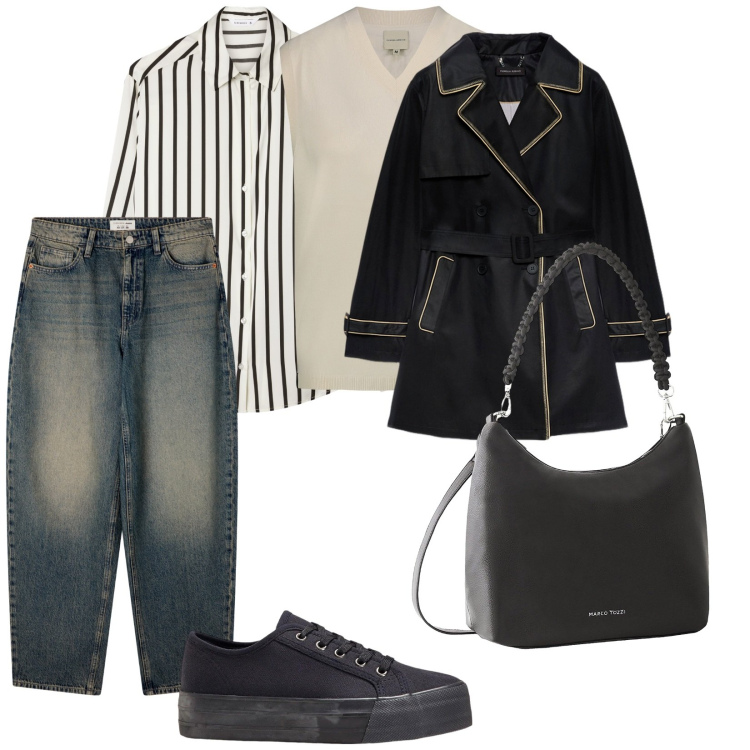Outfit donna - In città martedì. per Tutti i giorni. Abbinamento con sneakers, borse a mano, camicie, jeans, maglieria, trench.