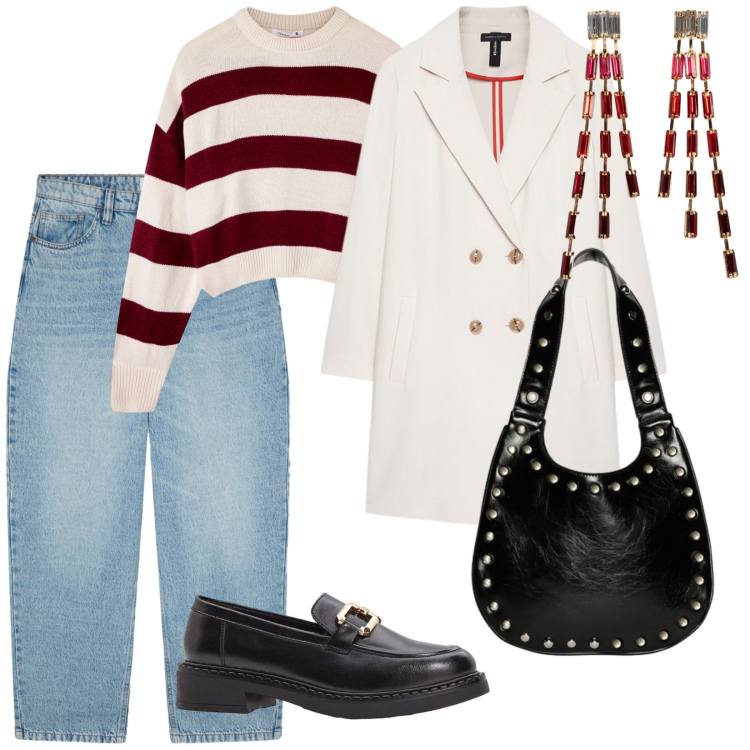 Outfit donna - Il cappotto bianco. per Scuola/Università. Abbinamento con orecchini, mocassini, jeans, maglieria, cappotti, borse a spalla.