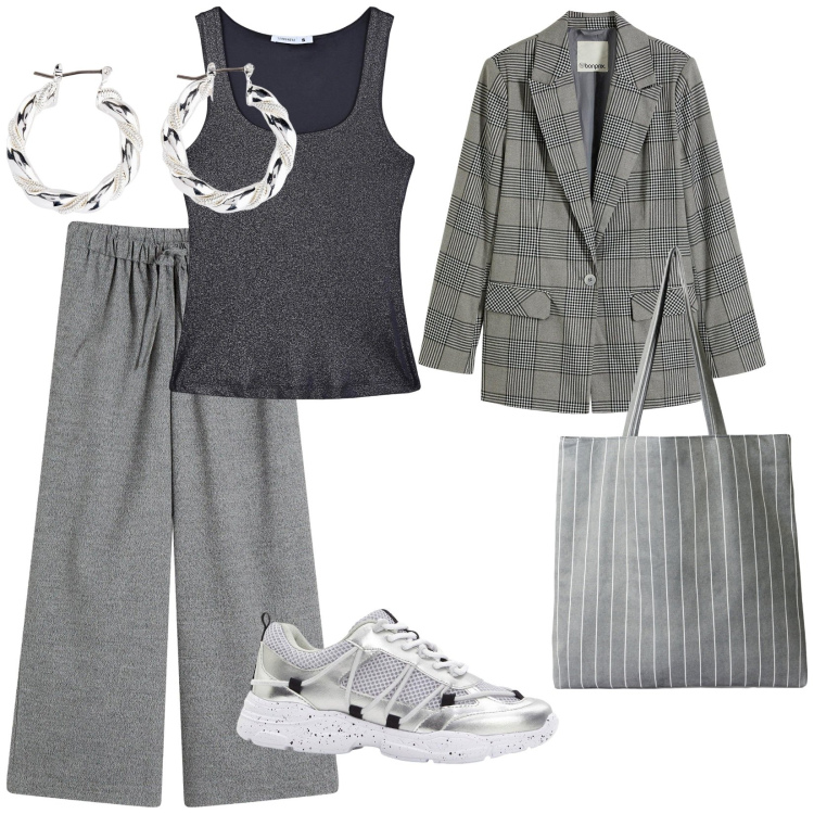 Outfit donna - Pantalone sportivo e giacca. per Tutti i giorni. Abbinamento con orecchini, blazer, sneakers, pantaloni a palazzo, top, shopping bag.