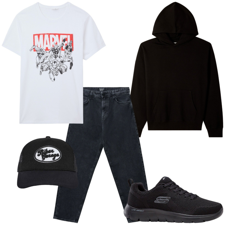 Outfit uomo - Marvel. Stile Urban per Tutti i giorni. Abbinamento con sneakers, cappelli, t-shirt, felpe con cappuccio, jeans.