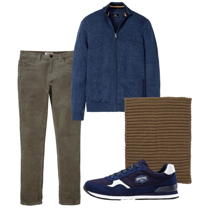 Outfit uomo - Autunno. Stile Casual per Tutti i giorni. Abbinamento con cardigans, sneakers, pantaloni, scaldacollo.