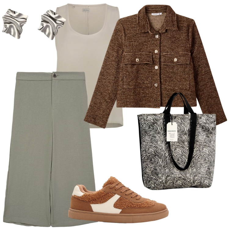 Outfit donna - Le nuove sneakers. per Tutti i giorni. Abbinamento con sneakers, pantaloni a palazzo, blazer, borse tote, top, orecchini.