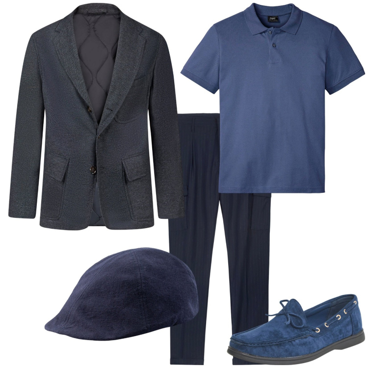 Outfit uomo - La giacca sportiva. Stile Trendy per Serata speciale. Abbinamento con polo, scarpe stringate, giacche, pantaloni cargo, cappelli con visiera.