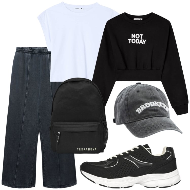 Outfit donna - Brooklyn. Stile Urban per Tutti i giorni. Abbinamento con pantaloni, t-shirt, cappelli, zaini, sneakers, felpe.