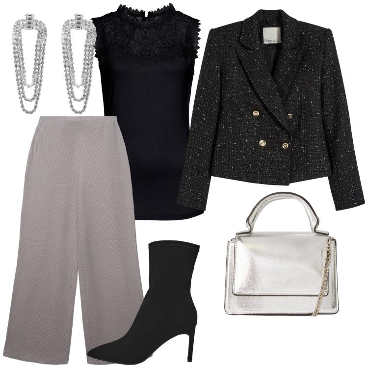 Outfit donna - Outfit formale. per Serata fuori. Abbinamento con top, blazer, orecchini, borse a tracolla, stivali, pantaloni.