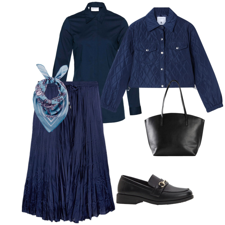 Outfit donna - Un foulard in vita. per Tutti i giorni. Abbinamento con foulard, camicie, shopping bag, mocassini, giacche, gonne lunghe.