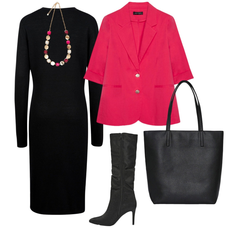 Outfit donna - Giacca con manica a tre quarti. per Ufficio. Abbinamento con stivali, borse tote, vestiti midi/longuette, collane, blazer.