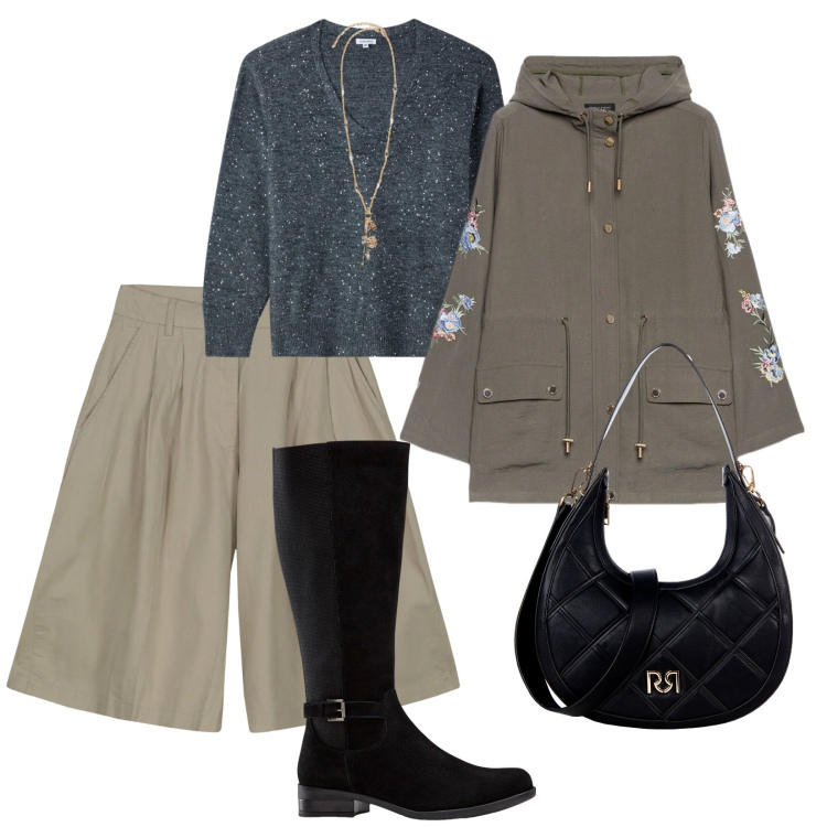 Outfit donna - Praticità autunnale. per Tutti i giorni. Abbinamento con stivali, maglieria, borse a tracolla, bermuda, ciondoli, parka.