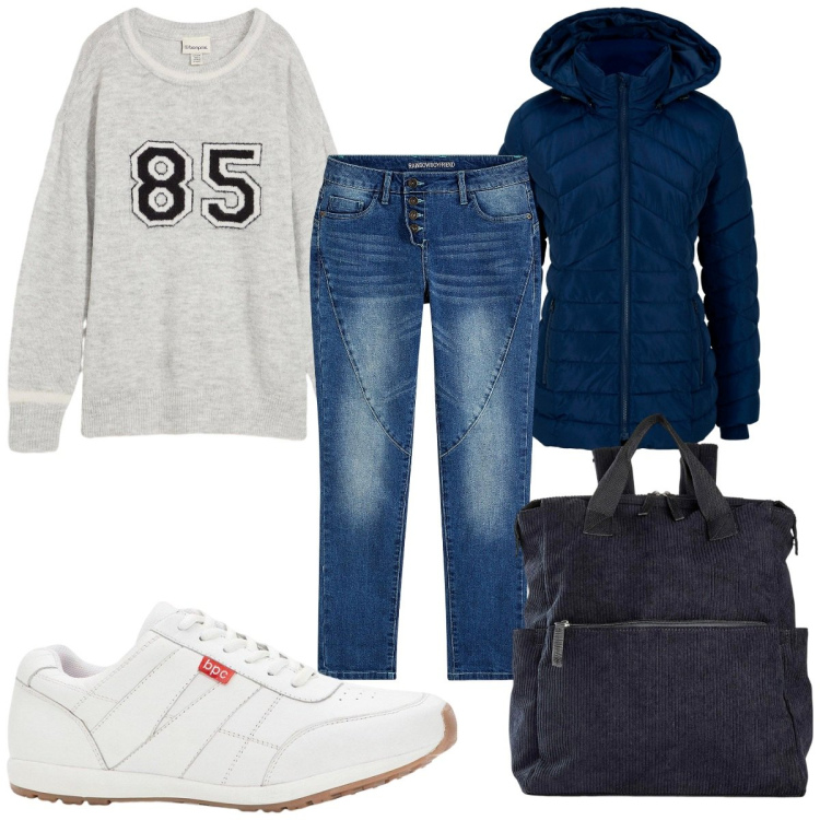 Outfit donna - Total look #2255521. Stile Basic per Scuola/Università. Abbinamento con giacche, zaini, maglieria, sneakers, jeans boyfriend.