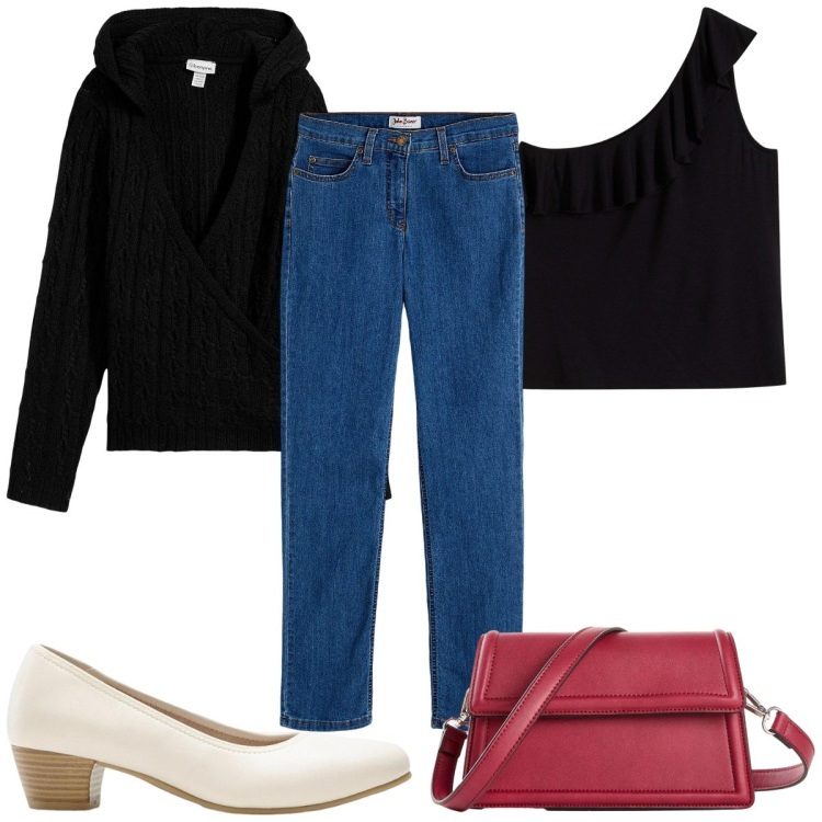 Outfit donna - Total look #2255523. Stile Casual chic per Tutti i giorni. Abbinamento con jeans dritti, décolleté, top, borse a tracolla, pullovers.