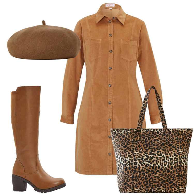 Outfit donna - Biscotto autunnale. Stile Trendy per Tutti i giorni. Abbinamento con vestiti, stivali, shopping bag, cappelli e berretti.