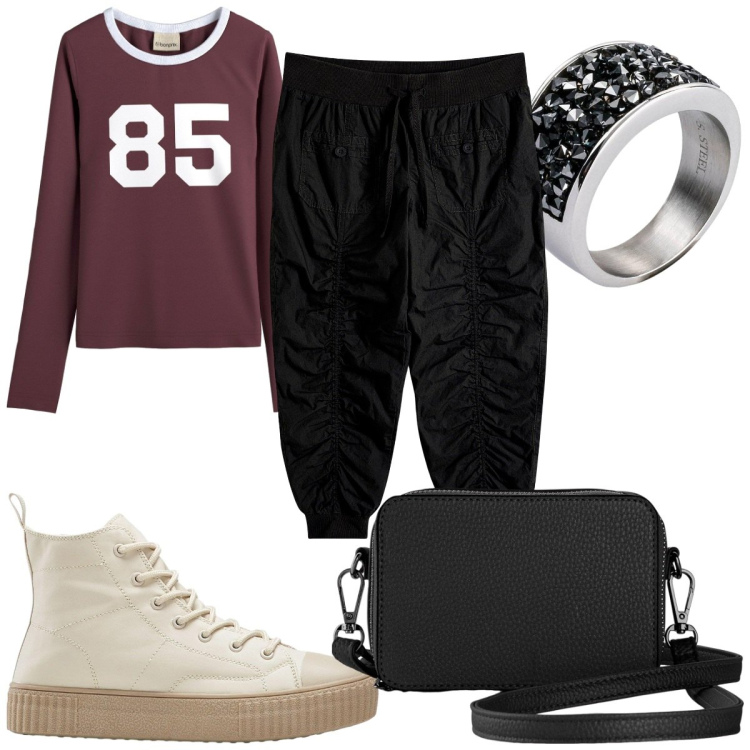 Outfit donna - Total look #2255525. Stile Urban per Tutti i giorni. Abbinamento con borse a tracolla, anelli, pantaloni capri, maglieria, sneakers alte.